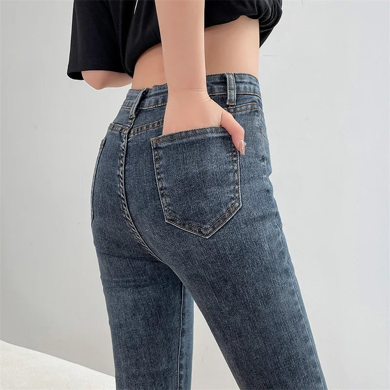 Women Fashion Flare Jeans Winter Streetwear Y2K Straight Pants Ankle Length Denim Jeans Girls Party Casual Retro Blue Trousers