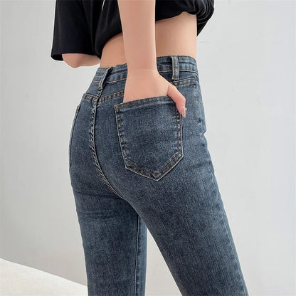 Women Fashion Flare Jeans Winter Streetwear Y2K Straight Pants Ankle Length Denim Jeans Girls Party Casual Retro Blue Trousers