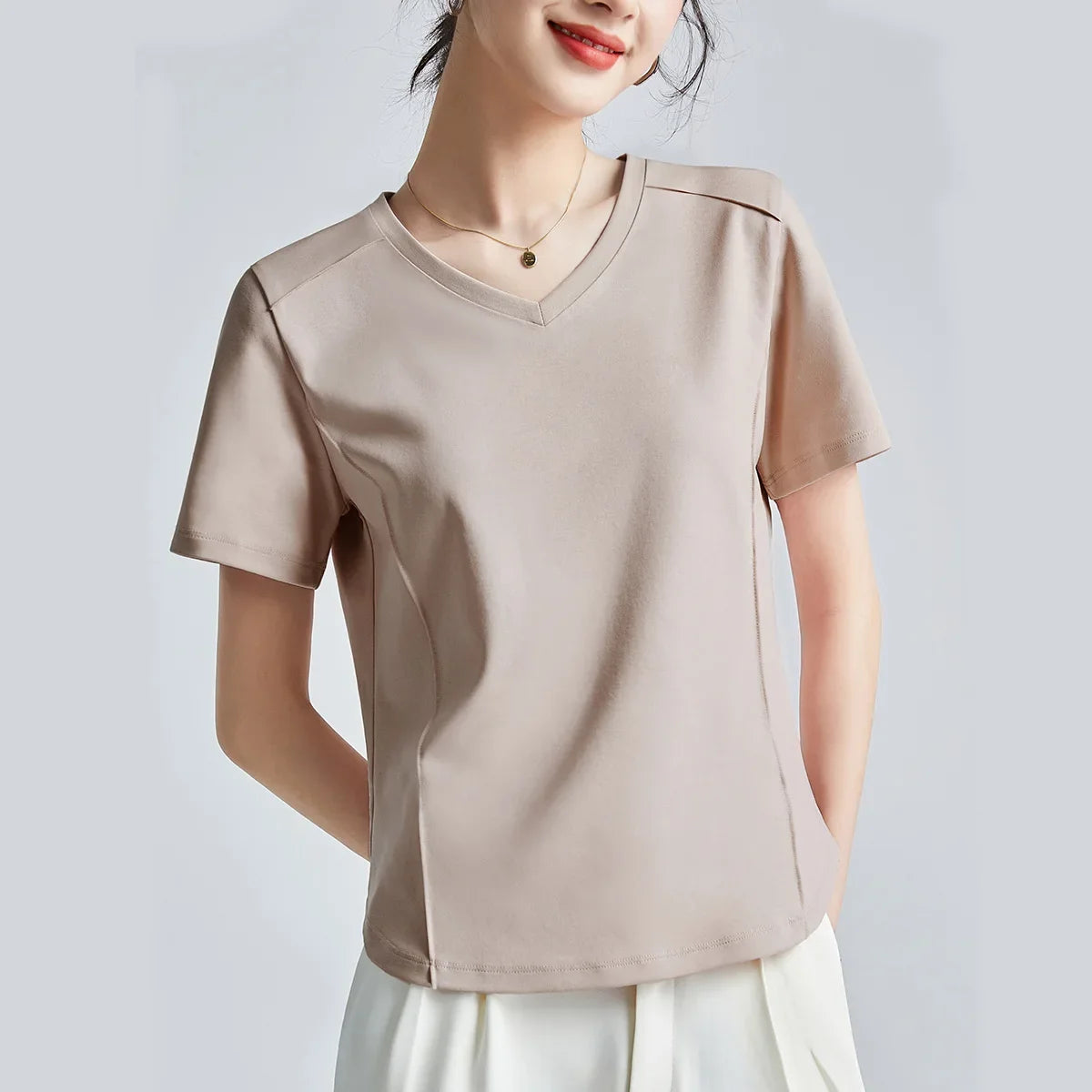 Summer Women's White Mercerized Cotton T-Shirt | 3D Stitching Round Neck Basic Top | Plus Size Slim Fit Layered Casual Blouse