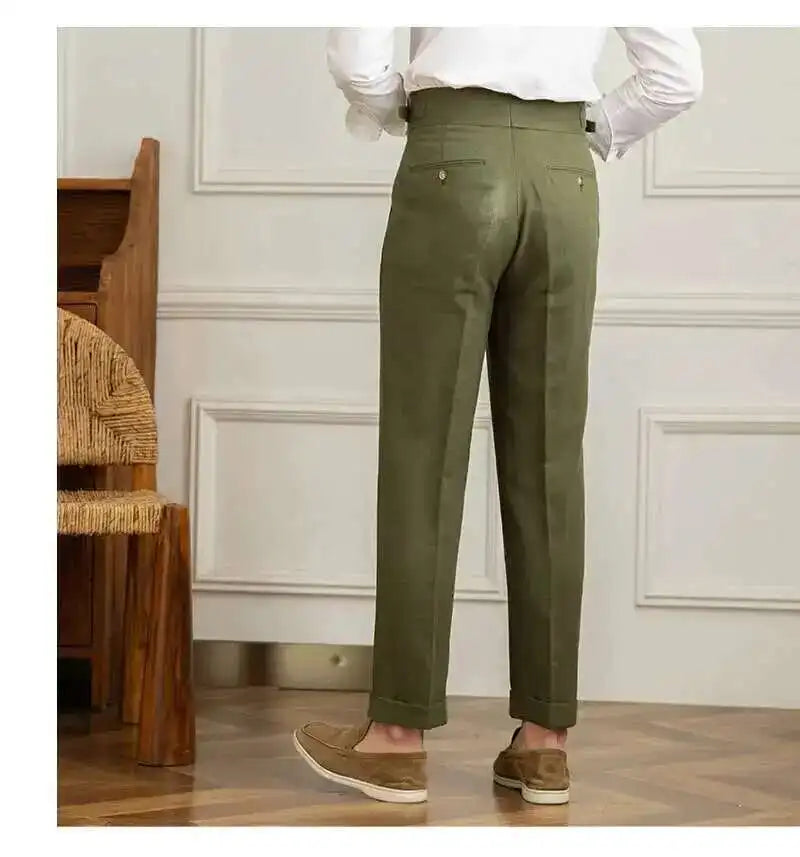 Linen Cotton High Waist Straight Casual Pants Men Versatile Naples Gentleman Pleated Pants High Quality Italian Dress Trousers