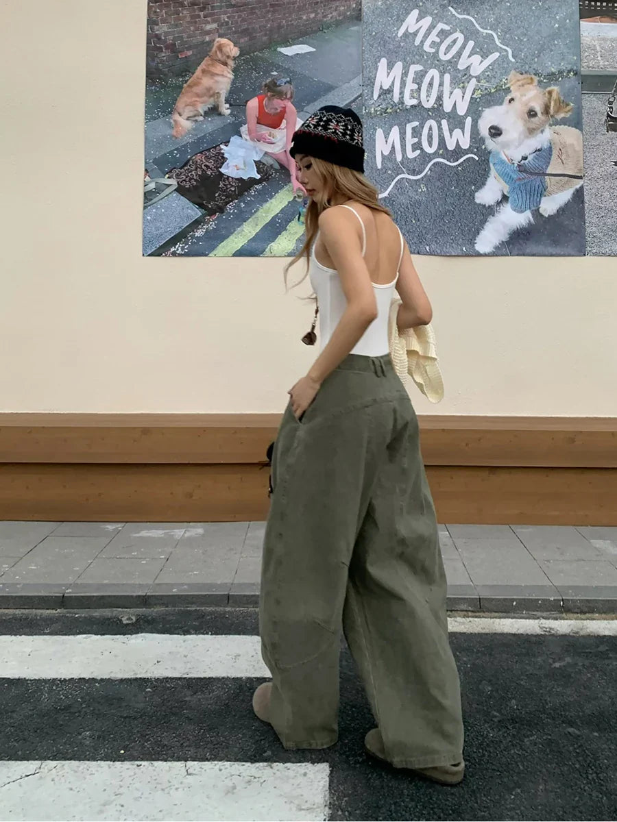 Y2k Trendy Barrel Baggy Jeans Boyfriend Retro Low Rise Wide Leg Stitch Decor Denim Pants Women Men Trousers Streetwear
