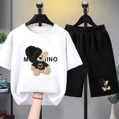 Children's Fashion Summer Clothes Set Loose Fit Cotton Tee + Elastic Waist Shorts for Boys Girls Outdoor Wear