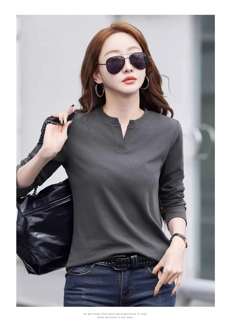 Spring and Autumn All Seasons Women's Long sleeved T-shirt Wine Red Pure Cotton New Fashion Large V-neck Slim fit Casual Top 3XL