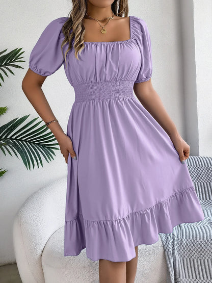 Spring Summer Elegant High Waisted Dress Square Neck Short Sleeved Ruffled Edge Long Dresses 2026 Valentine's Day Woman Clothing