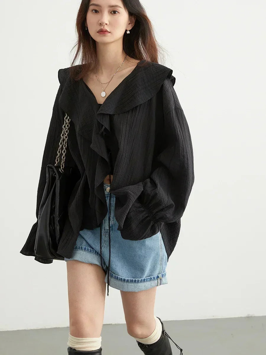 Women Shirt Loose Casual Ruffled Edges Female Blouses Solid V Neck Lace Up Mid Length Ladies Shirts Spring Summer 2026