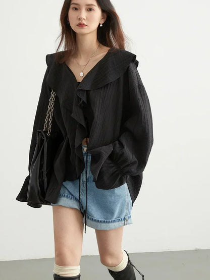 Women Shirt Loose Casual Ruffled Edges Female Blouses Solid V Neck Lace Up Mid Length Ladies Shirts Spring Summer 2026