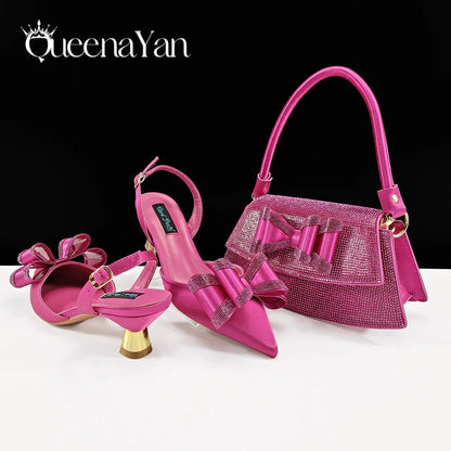 Queena Yan 2025 Newst Italian Butter-fly Design Party Wedding Pointed Toe Slingback Sandals with Bag Set in Sky Blue Color