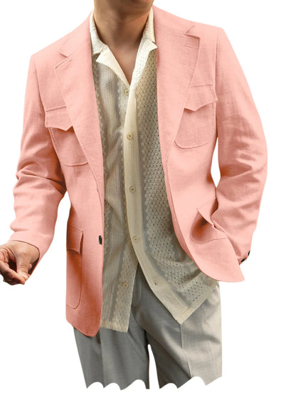 Classic Men's Linen Blazer Notched Lapel Slim Fit Breathable Elastic Suit Jacket with Flap Pockets for Wedding Prom Daily Wear