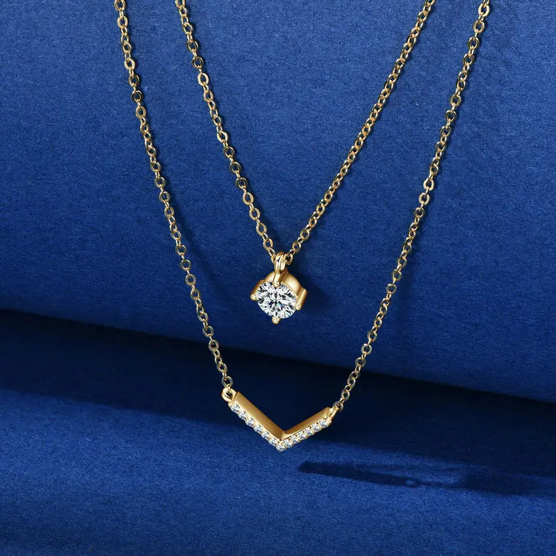 Certified Moissanite V-shape Pendant Double Necklaces Chains for Women S925 Sterling Silver Fine Jewelry Gifts Collares