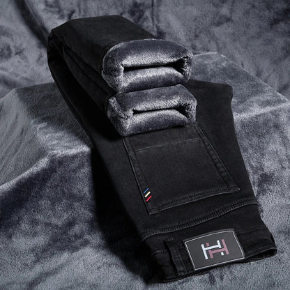 Winter Thickened Warm Male Plush Trousers Brand Clothes Men's Fleece Jeans Straight Slim Stretch Fashion Business Denim Pants