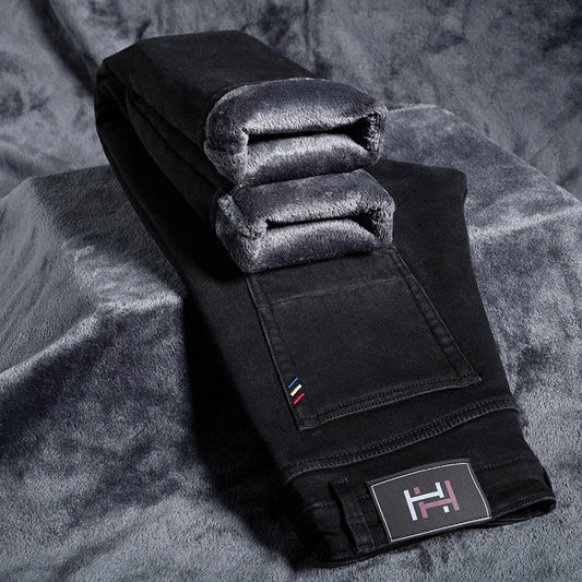 Winter Thickened Warm Male Plush Trousers Brand Clothes Men's Fleece Jeans Straight Slim Stretch Fashion Business Denim Pants