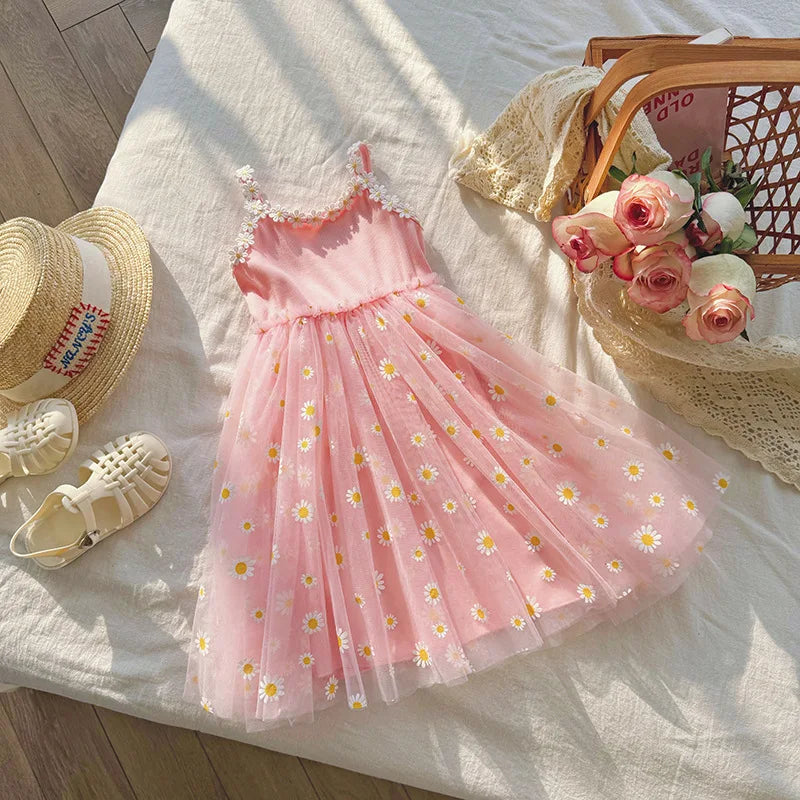 Girls Casual Dresses Little Daisy Flower Mesh Dress for Girls Summer Camisole Pompadour Dress Girls Clothes for2 To 7 Years
