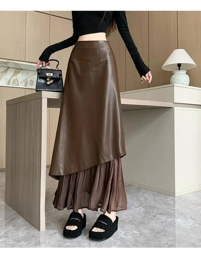 تنورة نسائية ريترو، تنورة طويلة بخصر عالٍ وقصة A-line بتصميم جديد للخريف المبكر من الجلد بخياطة غير متماثلة