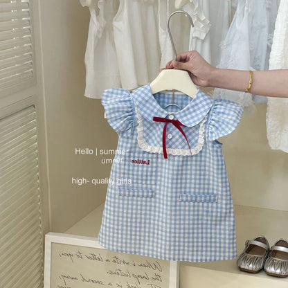 Summer Girls Casual Dresses with Hat Children's Clothing 2025 New Girls' Hollow Out Sleeveless Skirt Children's Lace Dress