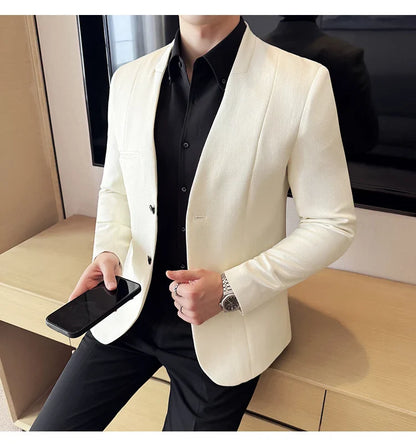 The new Chinese-style collarless suit is fashionable, handsome and versatile. It is a solid-color Korean-style fitted and fashio