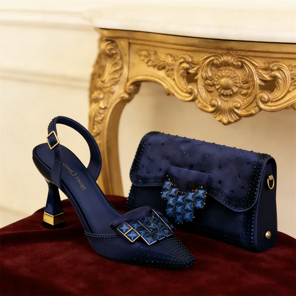 Elegant Green Rhinestone Slingback Heels & Matching Handbag Set by Venus Chan 2026 – Stylish Pointed Toe Design for Women