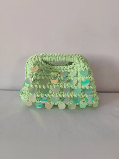 Yingzi Small Sequin Crochet Cluth Bag with Shine Paillettes Handmade Evening Bag Makeup Bag