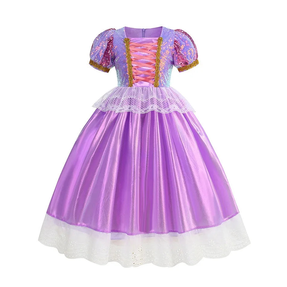 Rapunzel Short Sleeve Purple Puffy Dress + Accessories Girls Cosplay Rapunzel Summer Casual Dress Birthday Party Gift