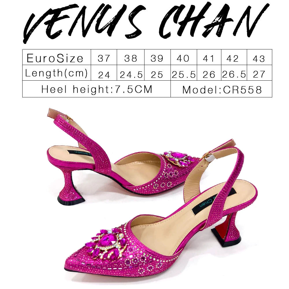 2024 Latest Wedding Pointed Toe Women's Shoes High Heel Black Color Rhinestones italian shoes and bags matching set