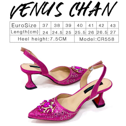 2024 Latest Wedding Pointed Toe Women's Shoes High Heel Black Color Rhinestones italian shoes and bags matching set
