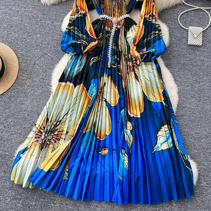 Ele High-End Women's Dr Faionable Beaded round Ne Hollow out Pleated Lantern Sve Waist Cinched Floral Print Lon...