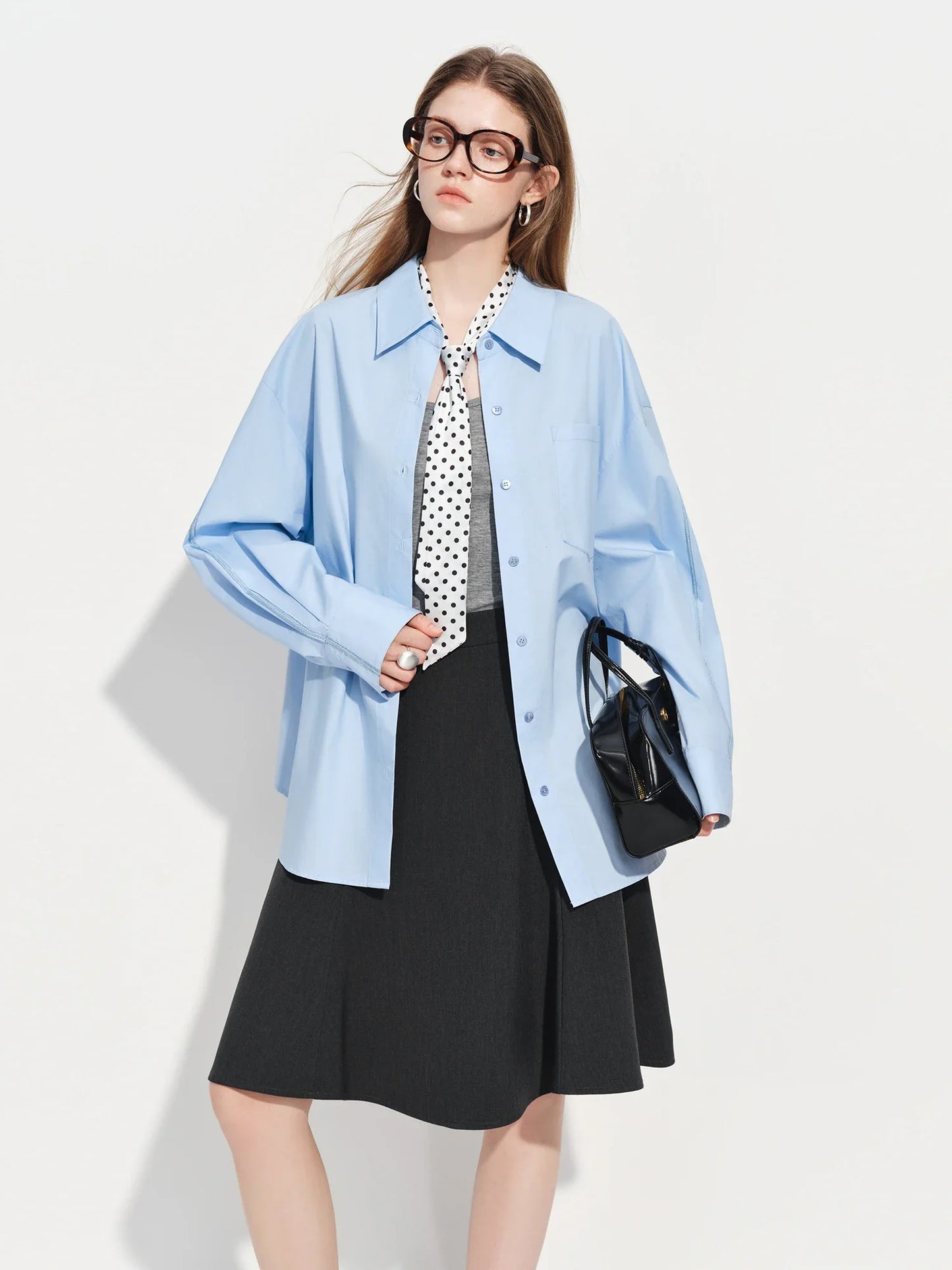 Women's French Loose Fit Cotton Shirt Long Sleeve Layering Top with Web Strap Detail Casual Oversized Blouse