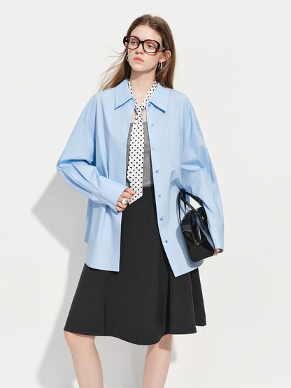 Women's French Loose Fit Cotton Shirt Long Sleeve Layering Top with Web Strap Detail Casual Oversized Blouse