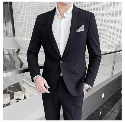 Men's Stylish Handsome Solid Color Suit Two-Piece Set M-4XL High Quality Formal Casual Banquet Fit Trousers Included