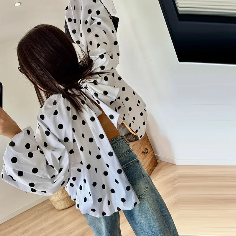 Elegant Women's Polka Dot Backless Bow Lace Up Blouses Loose Pleated Turtleneck Lantern Sleeve Shirts 2026 Spring Casual Tops