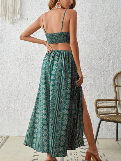 Deep V-Neck Backless Sling Dress with Thigh High Slit, Floral Print Beach Holiday Party Maxi Dress, Summer Women's Clothing