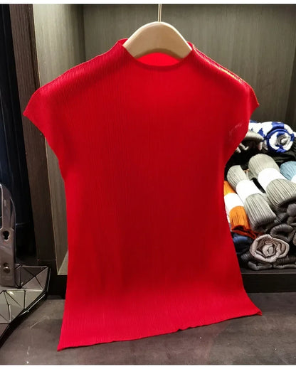 Miyake Versatile Classic Simple Solid Color Stand Up Collar Pleated Top Women Slim Slim Short Sleeve Miyake T-shirt Summer 2025