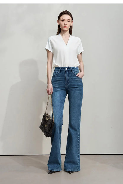 Minimalism 2026 Summer Women's T-shirt Classic Style Casual V-neck Short Sleeve Solid Stretch Female Tops & Tees 12612011