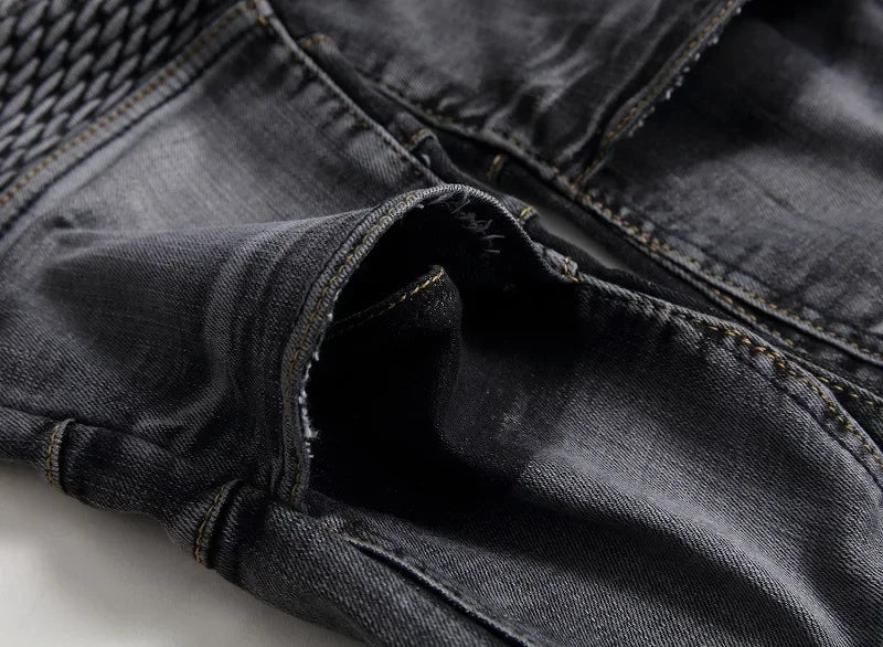 Men's New Casual Motorcycle Jeans Hip Hop Street Riding Stretch Slim Fit Straight Pants Patchwork Fashion Denim Trousers Male