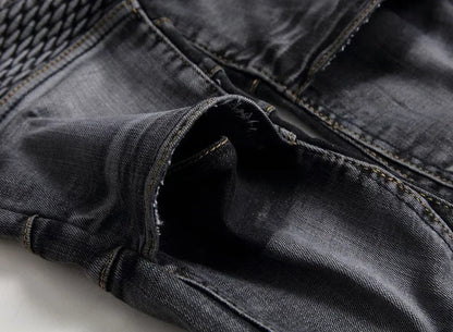 Men's New Casual Motorcycle Jeans Hip Hop Street Riding Stretch Slim Fit Straight Pants Patchwork Fashion Denim Trousers Male