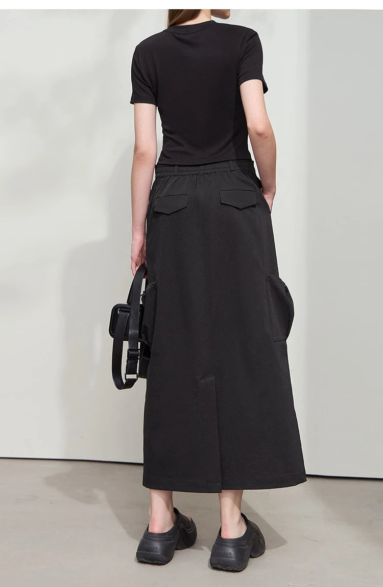 Minimalist Women Clothing Skirt 2025 Autumn New Casual Loose Multi-pocket Drawstring Elastic Waist Long Skirt 12522020