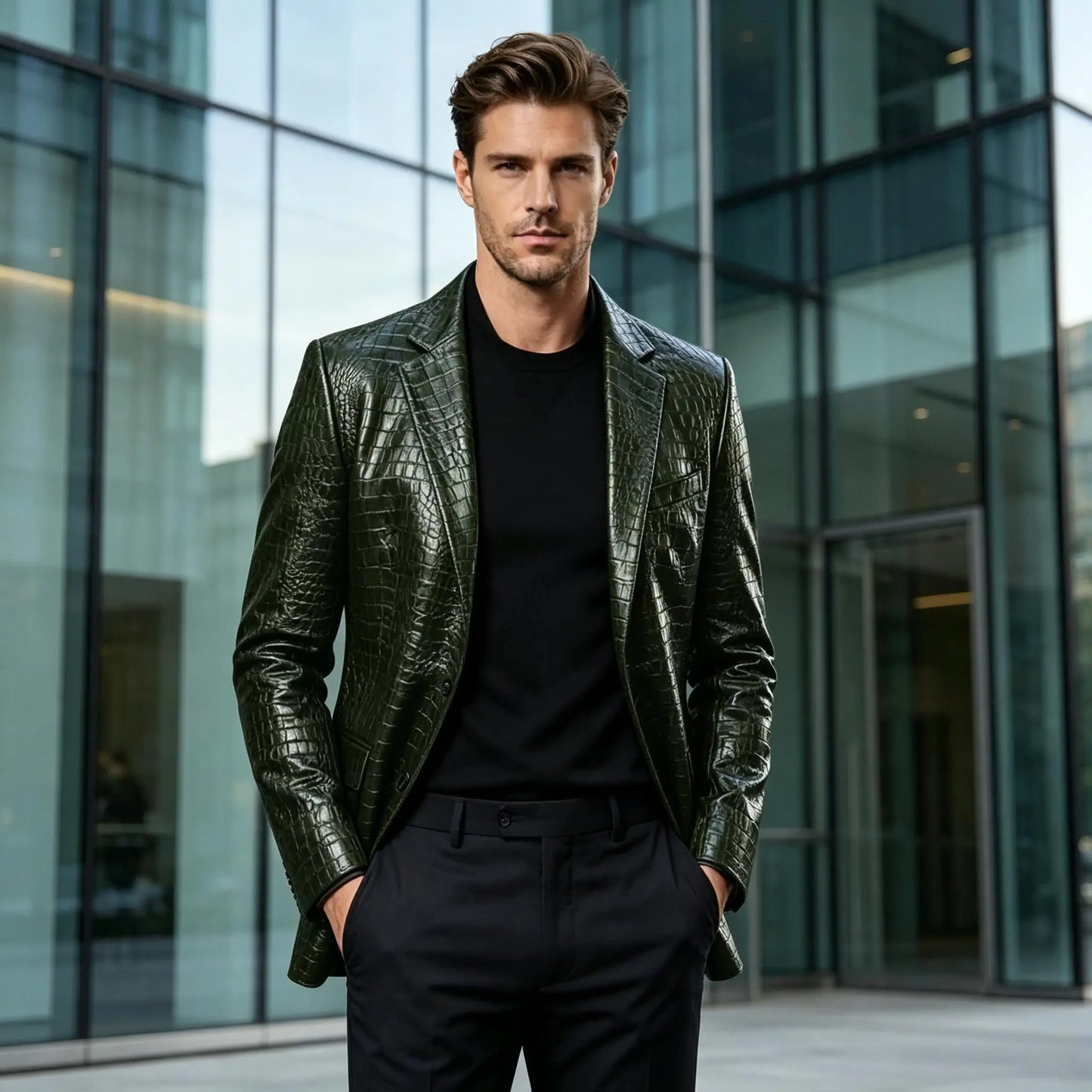 Men Crocodile Texture Leather Blazer Notched Lapel Slim Fit Single Breasted Suit Jacket Nightclub Party Business Outer Coat