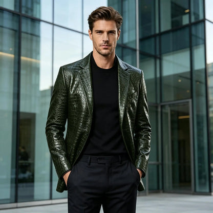Men Crocodile Texture Leather Blazer Notched Lapel Slim Fit Single Breasted Suit Jacket Nightclub Party Business Outer Coat