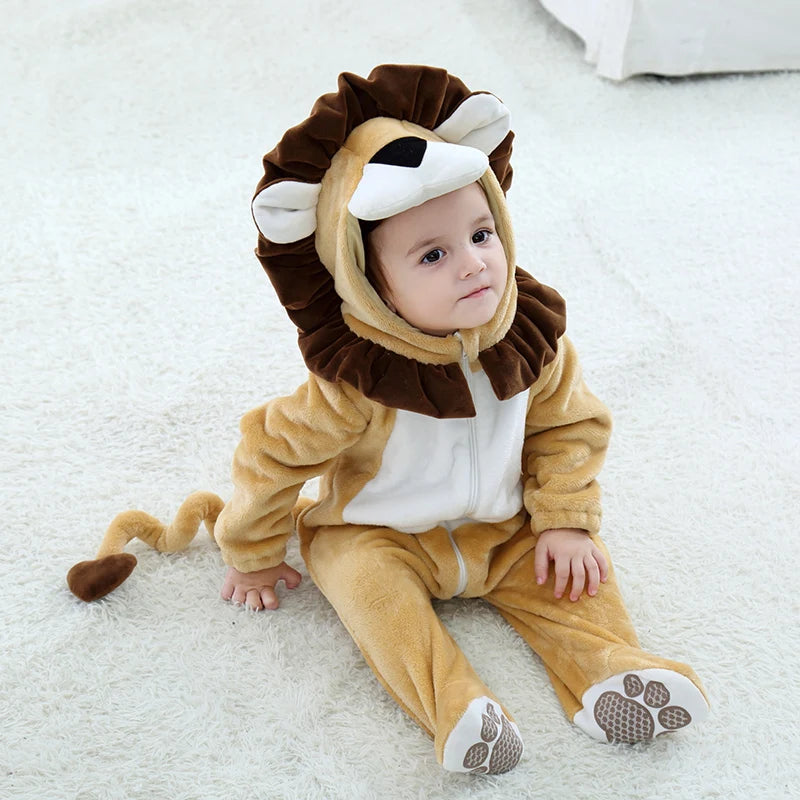 Cartoon Little King of Beasts Lion Costume Romper Jumpsuit for Baby Boy Infant Toddler Winter Outfit Pajamas Flannel Comfy 3-36M