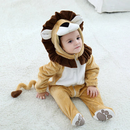 Cartoon Little King of Beasts Lion Costume Romper Jumpsuit for Baby Boy Infant Toddler Winter Outfit Pajamas Flannel Comfy 3-36M