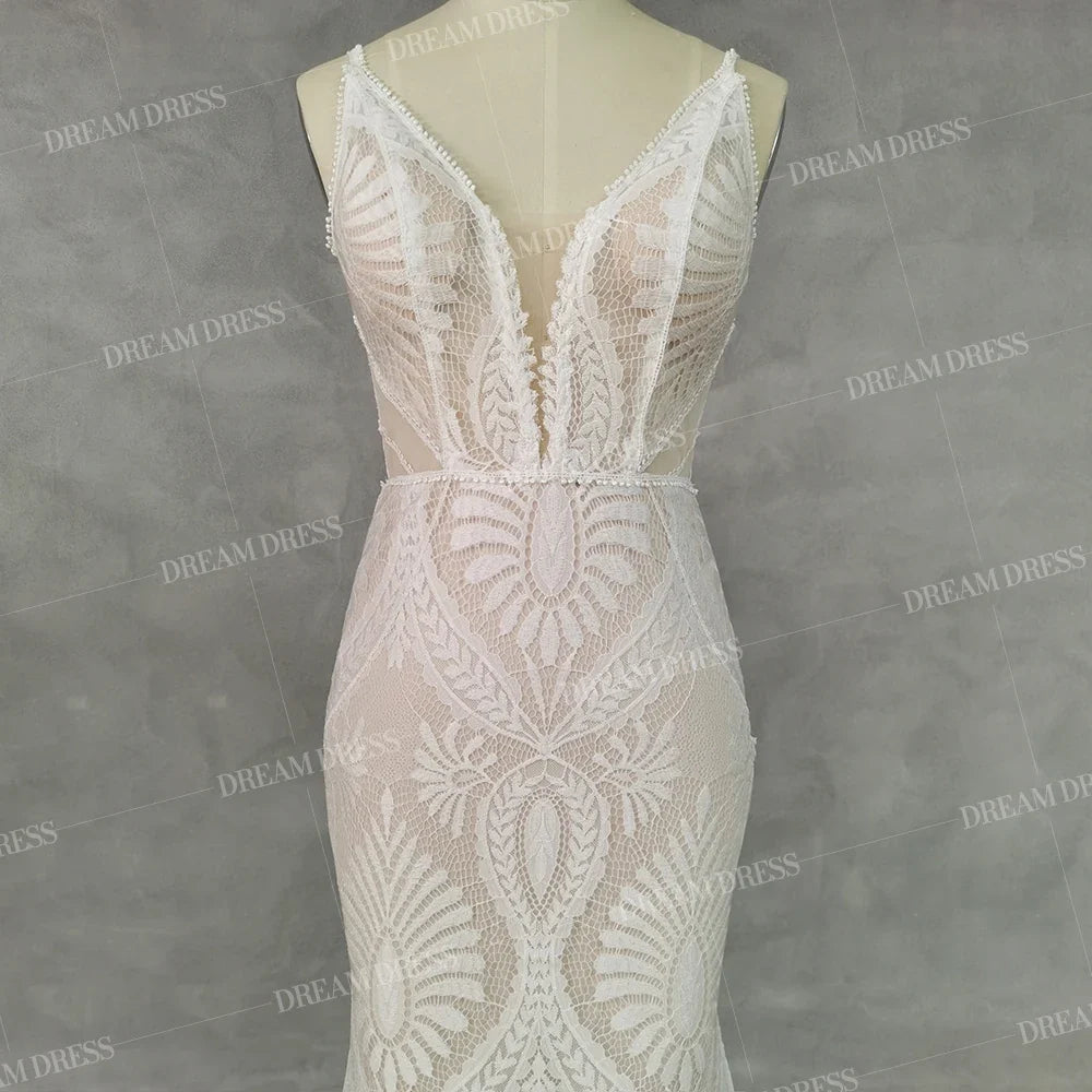 Customized Sexy Lace V Neck Beach Mermaid Wedding Dresses Elegant Spaghetti Straps Bridal Gowns Backless Vestidos De Novia