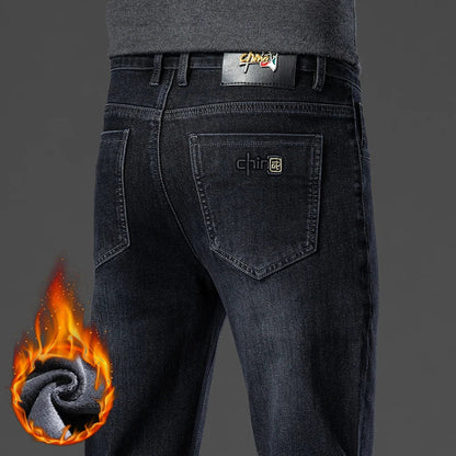 Winter Classic Business Men's Fleece Warm Jeans Straight Stretch Casual Thicken Denim Trousers Washed Fashion Velvet Male Pants