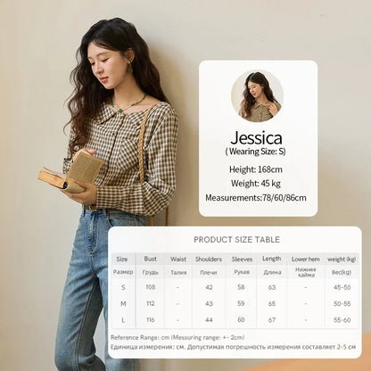 Women's Casual Shirts Cotton Autumn Side Slit Pockets Plaid Shirts Commute  Elegant Chic Woman Top with Belt MXE44X2469