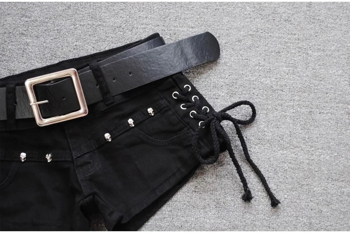 Korean Low Rise Denim Shorts 2024 - Riveted Lace Up Bodycon Black Hot Pants Vintage Cheeky Booty Summer TikTok Y2K Outfit