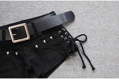 Korean Low Rise Denim Shorts 2024 - Riveted Lace Up Bodycon Black Hot Pants Vintage Cheeky Booty Summer TikTok Y2K Outfit