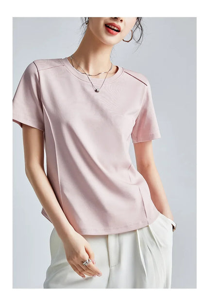 Summer Women's White Mercerized Cotton T-Shirt | 3D Stitching Round Neck Basic Top | Plus Size Slim Fit Layered Casual Blouse