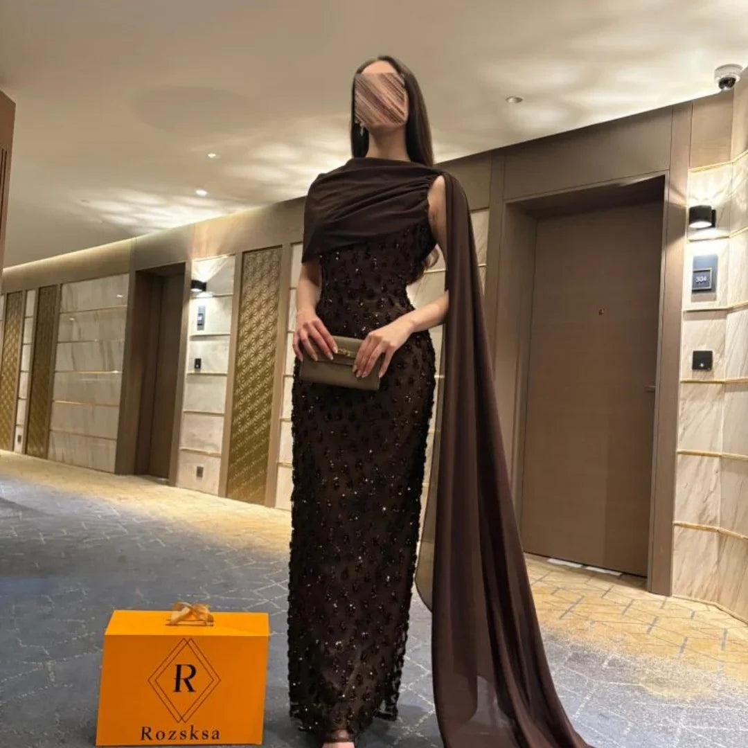 Customized Chocolate Brown One Shoulder Prom Dress Sequin Beaded Draped Cape robes de soirée Luxury Party Dresses 2025