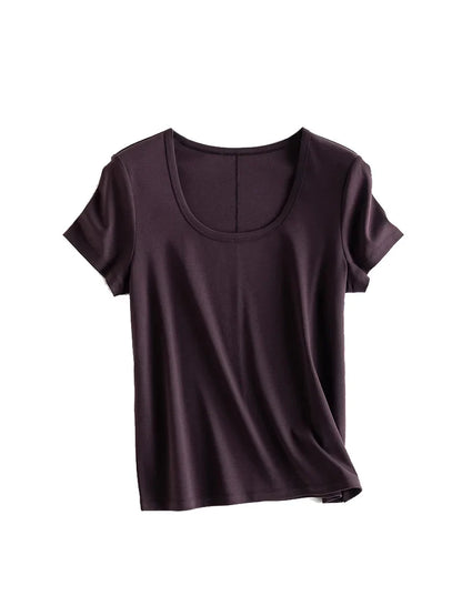 Women Solid T Shirt, Silk Cotton Blend, Square Collar, Short Sleeves Chic Shirt 2025 Spring Summer Cozy Top