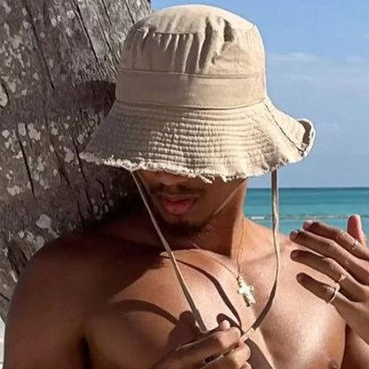 Fashion Men Fisherman Hats Foldable Bob Bucket Hat with Big Brim Sunscreen with Adjust Chin Rope Caps Beach Fishing Gorras Hat