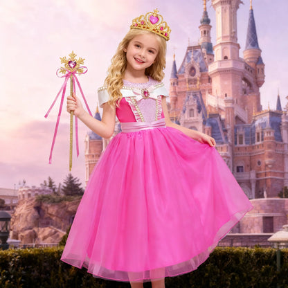 Girl Pink Dress Aurora Kids Cosplay Costume Princess Deluxe Outfit Children Birthday Party Elegant Ball Gown Fairy Disguise Sets