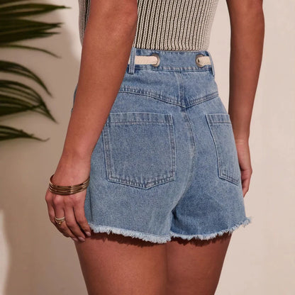Women's High Waist Denim Shorts with Drawstring Front Pockets Frayed Hem Summer Casual Jeans Shorts